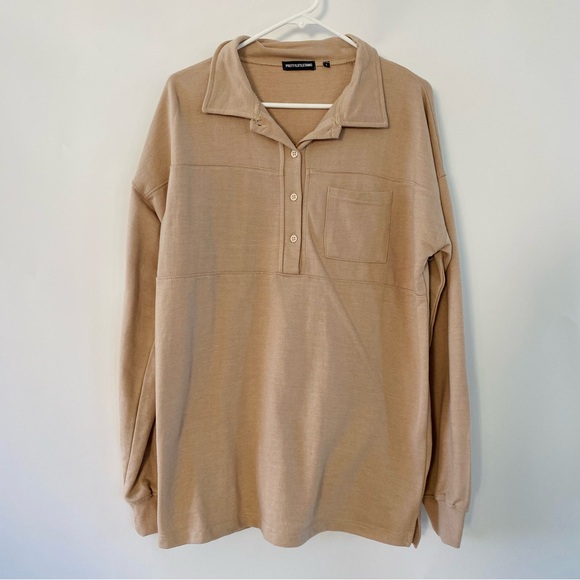 EUC PrettyLittleThing Women Stone Polo Collar Sweatshirt Mini Dress Size US 1 - Picture 6 of 12